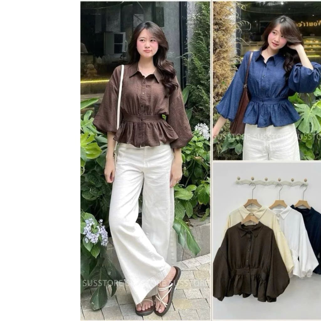 [Peinn] Áo Sơmi Bo Eo Lưng Chun Tay Bồng Cúc Dọc Đũi Hàn A377226 - Sam Botique