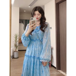 [Giảm giá 10% trong thời gian có hạn] Seckill Size Lớn Chất Lượng Cao Phong Cách Phương Tây Nữ Phong Cách Mới Trà Cổ Chữ v Đầm Dài Tay Nữ Rời Đầu Mùa Xuân Eo Ôm Hơn Nhìn Kỳ Nghỉ Một