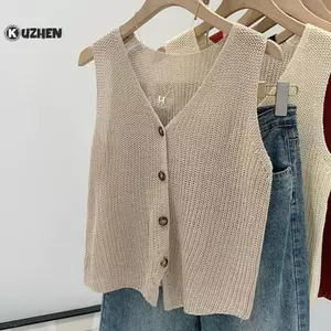 KUZHEN Áo Vest Dáng V Mùa Hè Cho Nữ, Vải Cotton và Lanh, Thiết Kế Trơn Hot