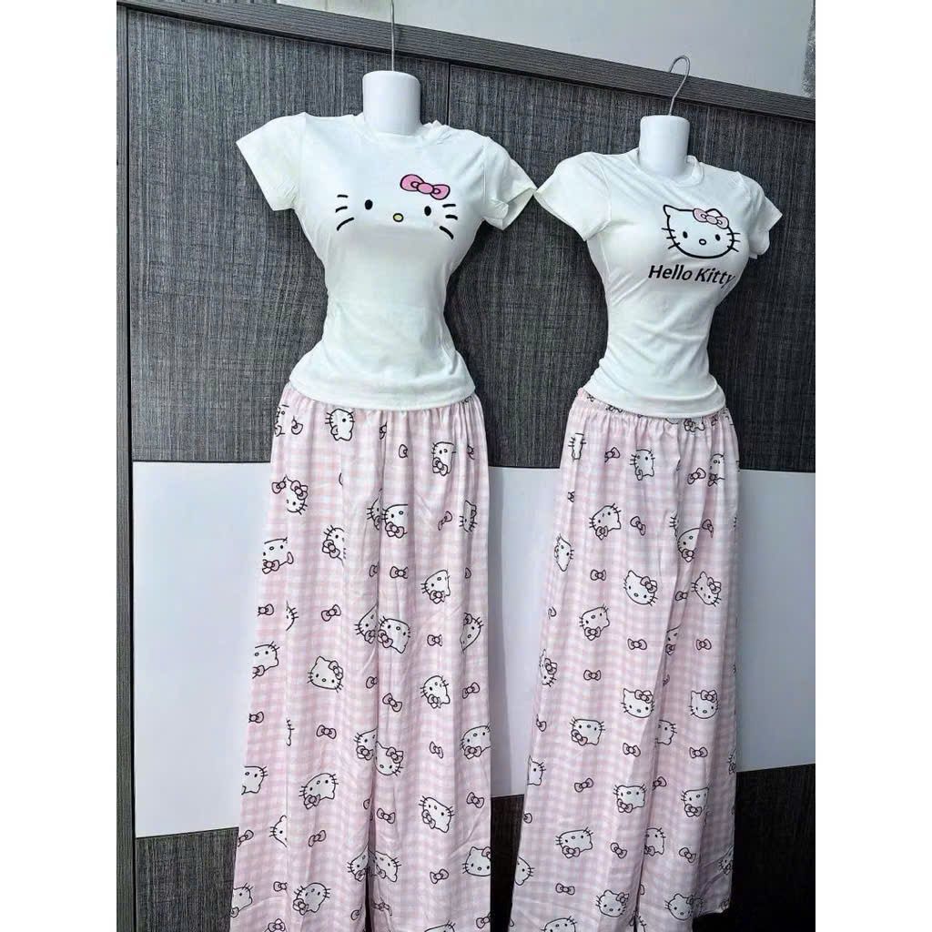 Bộ quần dài kity màu hồng +phối áo CROPTOP hình Mèo đơn giản -CHANG3158