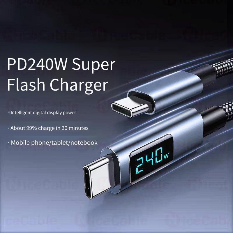 Cáp dữ liệu bện Nylon tùy chọn 1M / 2M / 3M Cáp USB / Type C sang Type C có màn hình hiển thị trực quan Dây sạc siêu nhanh 6A cho điện thoại / máy tính bảng
