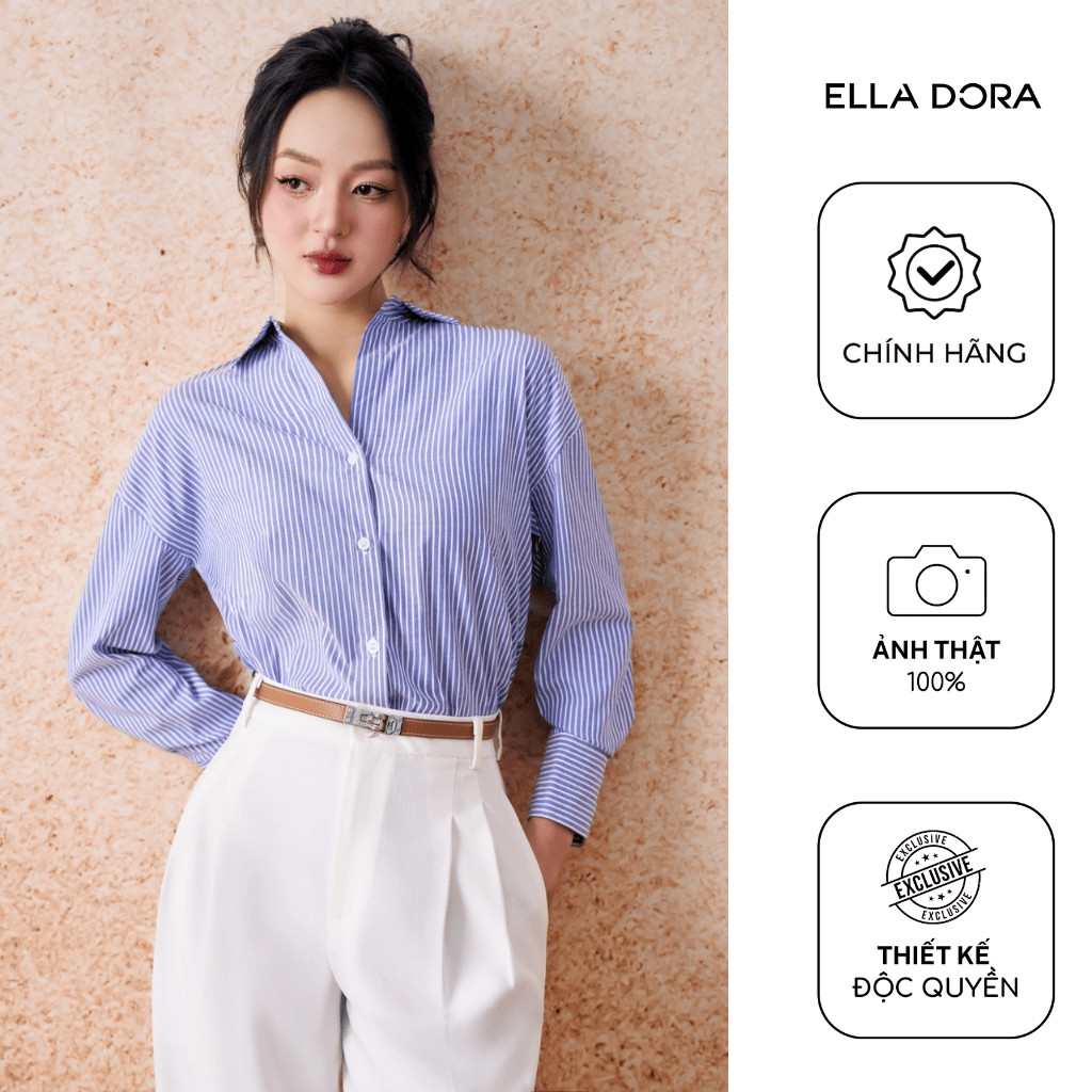 Áo sơ mi ELLA DORA thiết kế kẻ sọc dáng suông tay dài thanh lịch hiện đại phong cách công sở [SM136]