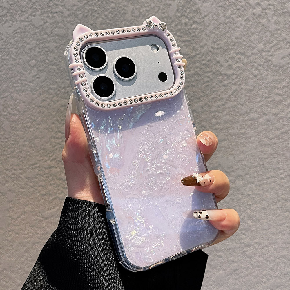 Vỏ Đơn Giản Kim Cương Tai Mèo Acrylic Ốp Lưng Điện Thoại iPhone 17 Pro Max 16 15 14 13 Vỏ Bảo Vệ Chống Sốc