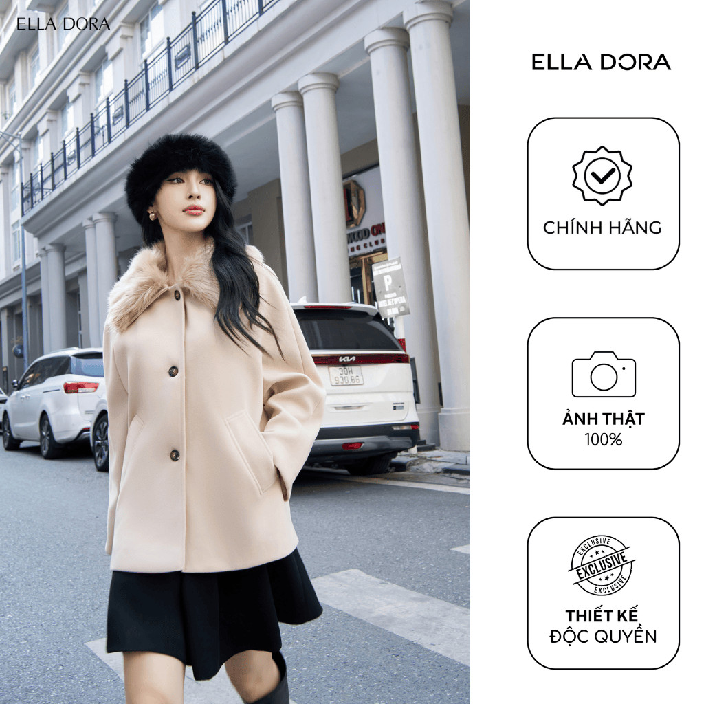 Áo khoác nữ ELLA DORA dạ cashmere thiết kế cổ lông tháo rời form A thanh lịch sang trọng [K09]