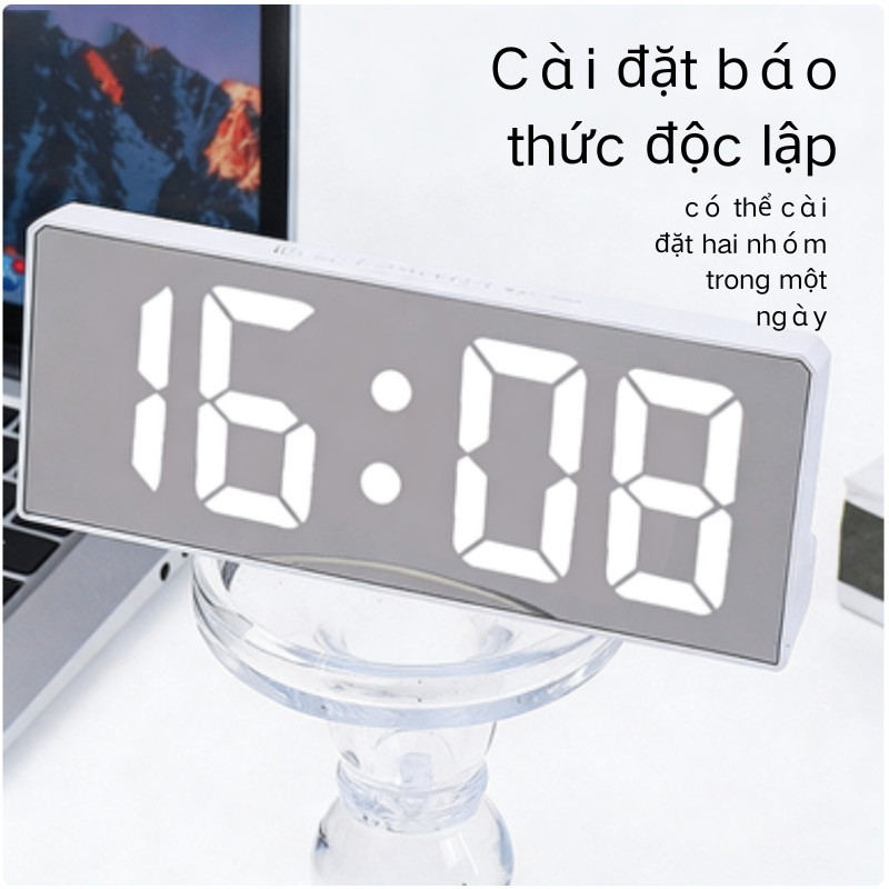 Đồng Hồ Báo Thức Mặt Gương Đơn Giản - Đèn LED & Âm Thanh, Phong Cách Nhật Bản, Kèm Cáp, Để Bàn Trang Trí