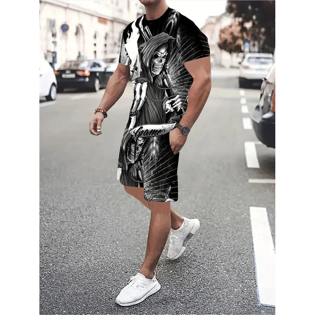 Bộ đồshort ngắn tay in họa tiết đầu lâu, phong cách unisex, đơn giản và thoải mái