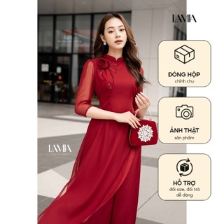 Áo dài truyền thống Lamia phối hoa nổi AD069. Chụp ảnh siêu xinh và tôn dáng