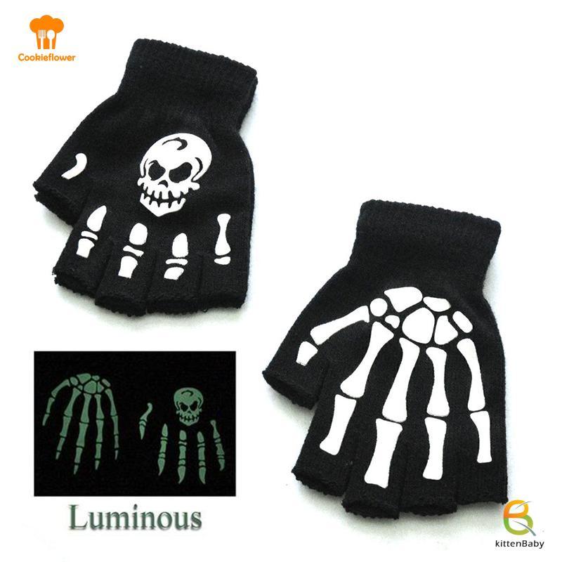 [Mèo con] Găng tay phong cách Halloween thời trang Dạ quang Kinh dị xương xương Skeleton Găng tay nửa mới lạ Unisex Găng tay ấm hơn mùa đông Găng tay mới