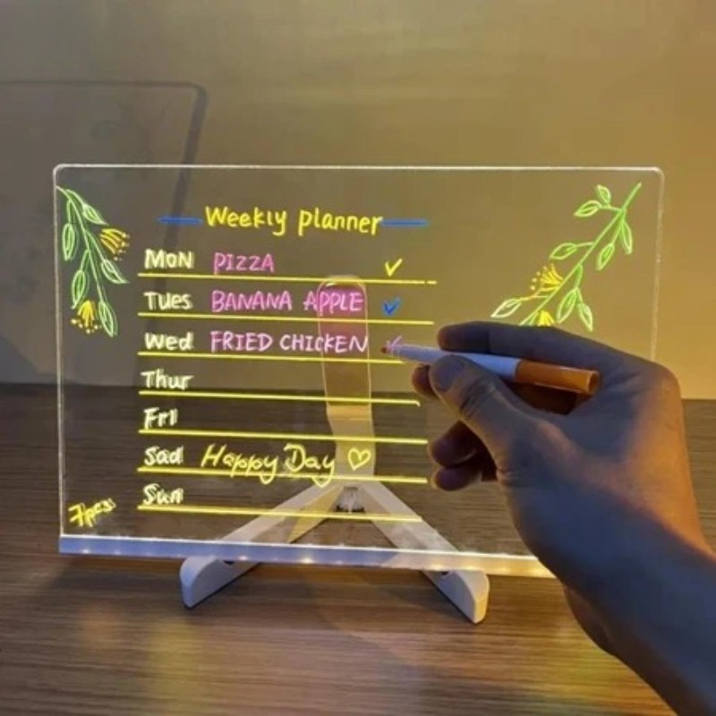 Bảng Ghi Chú Acrylic Trong Suốt Có Đèn LED – Bảng Note Trang Trí Bàn Làm Việc, Tẩy Xóa Dễ Dàng