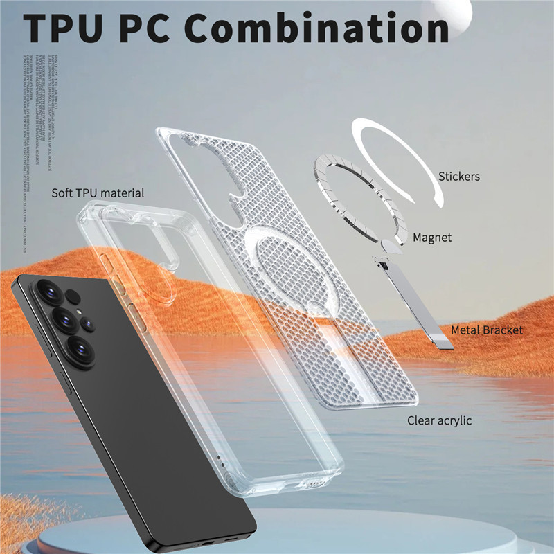 Ốp Điện Thoại Lưới Rỗng Cho Samsung S25 S24 S23 S22 Ultra / Plus S24FE S25EDGE Tản Nhiệt Vỏ Bảo Vệ Từ Tính Giá Đỡ Kim Loại Vỏ Chống Rơi