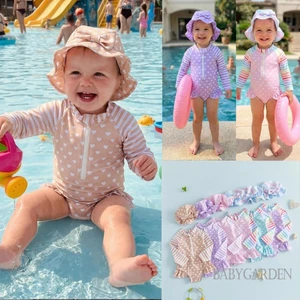 Bộ đồ bơi hai mảnh cho bé gái 6M-4Y Bộ đồ bơi hai mảnh in hình trái tim đáng yêu Cổ tròn Bảo vệ phát ban Bộ đồ tắm có mũ cho bãi biển bể bơi