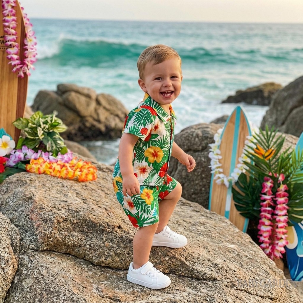 6m-4y Trẻ Em Bé Trai Trang Phục Mùa Hè Hawaii Cây Dừa / Lá Cọ In Áo Sơ Mi Tay Ngắn Có Quần Short Bộ 2 Chiếc