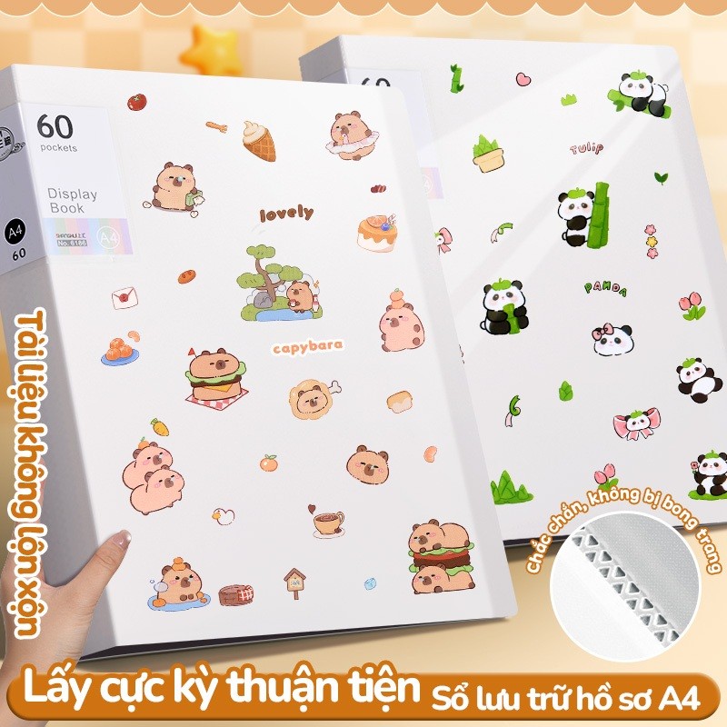 File lá đựng tài liệu A4 trong suốt 60 lá – Tệp đựng hồ sơ cho học sinh & nhân viên văn phòng, sticker Capybara