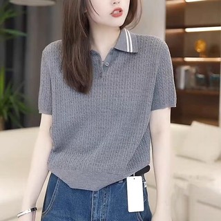 Áo len ngắn tay nữ màu xám, phong cách đơn giản, phù hợp mùa hè