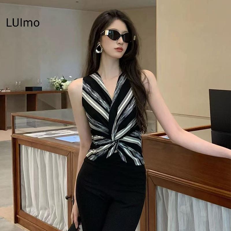 LUImo Áo sơ mi nữ retro sọc vest pleats mỏng dệt kim không tay
