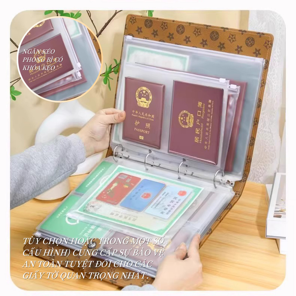 Bìa Sổ Còng Da PU Dày Dặn A4 - Chất Liệu Da PU Cao Cấp, Lá Rời, Đựng Vé, Giấy Tờ, Hồ Sơ Gia Đình