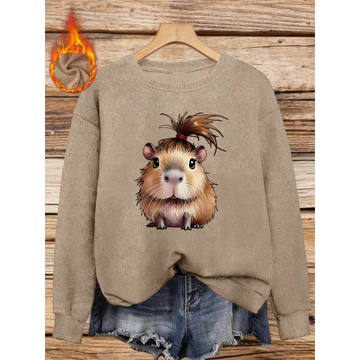 Dây buộc tóc màu đỏ Hình đuôi ngựa Màu nâu vàng Guinea Pig Họa tiết in hình cổ tròn Áo len dệt kim, Áo len nữ mùa thu đông, Áo len nữ thần bán chạy phong cách mới, Áo len nữ mới
