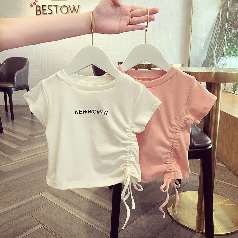 Mùa Hè Bé Gái Cotton Nguyên Chất Áo Thun Nữ Tay Ngắn Phiên Bản Hàn Quốc Dây Rút Chữ Cái Phù Hợp Với Hàng Đầu 80-130 Kích Thước BSFR
