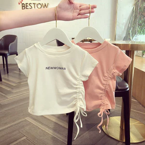 Mùa Hè Bé Gái Cotton Nguyên Chất Áo Thun Nữ Tay Ngắn Phiên Bản Hàn Quốc Dây Rút Chữ Cái Phù Hợp Với Hàng Đầu 80-130 Kích Thước BSFR