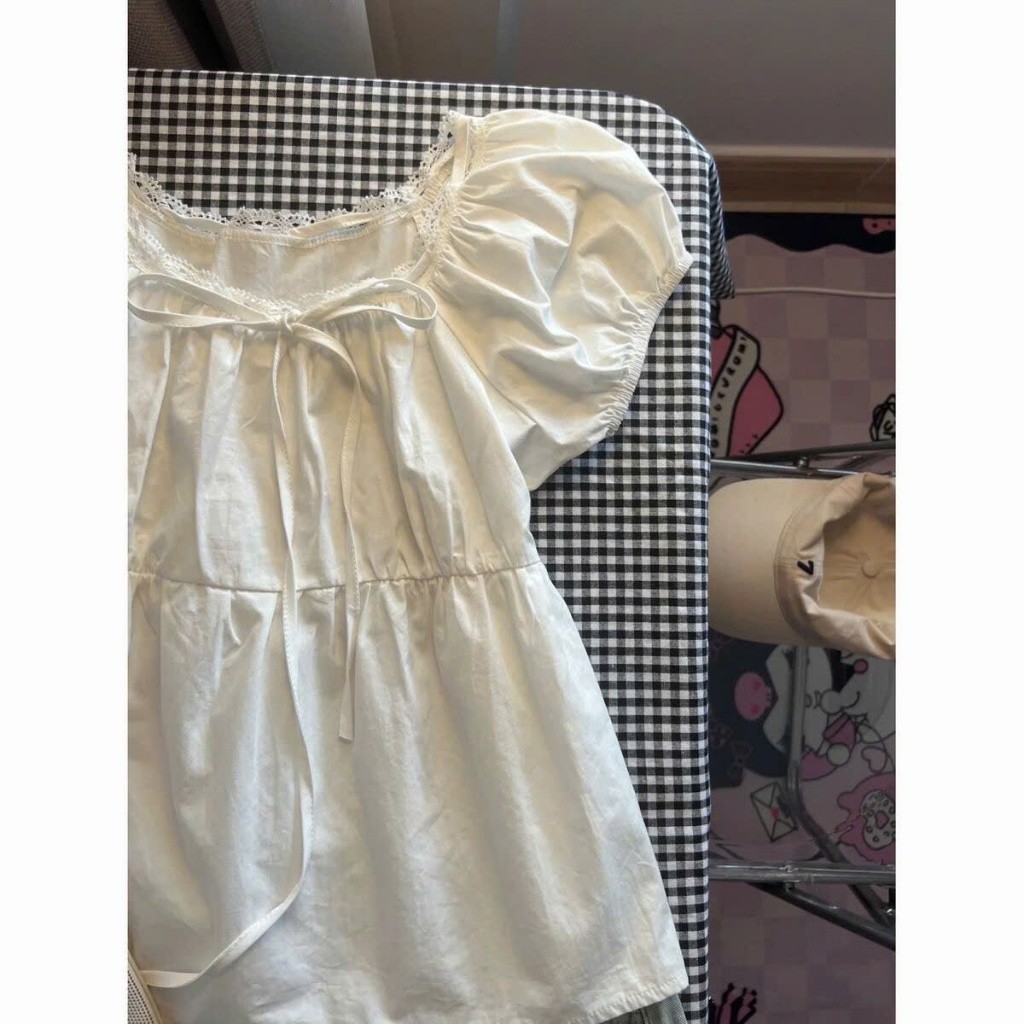 Áo babydoll ngắn tay cổ ren phối nơ kiểu Pháp dễ thương XIMIMI SP442