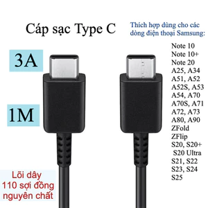 Cáp sạc Type C dài 1m - 3A công suất 45W/65W .dành cho các dòng. Samsung S24,S25/Note10,/Zfold,Zflip
