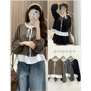 Áo Nỉ Tăm Thỏ Phối Cổ Bèo Nơ Buộc A7142 Thời Trang Nữ Bigsize