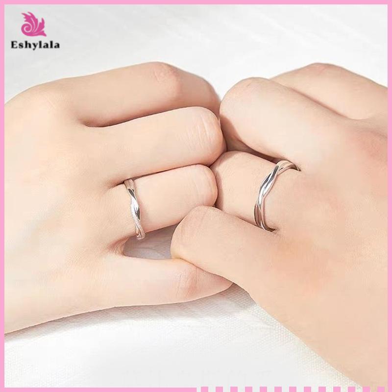 Bộ nhẫn cặp đôi bạc đơn giản Eshylala, Nhẫn đeo tay có thể điều chỉnh cho nam và nữ, Quà tặng kỷ niệm [MỚI]