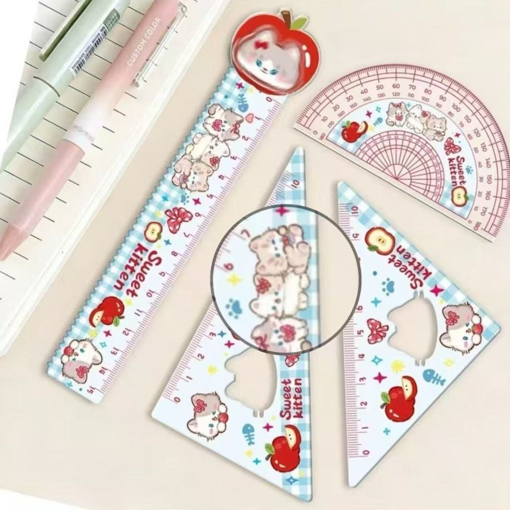 THFENG 4 Thước Thẳng, Bộ Thước Đo Acrylic Vẽ Văn Phòng Phẩm, Mèo Con Đỏ / Bộ Chó Con Xanh Quà Tặng Vuông