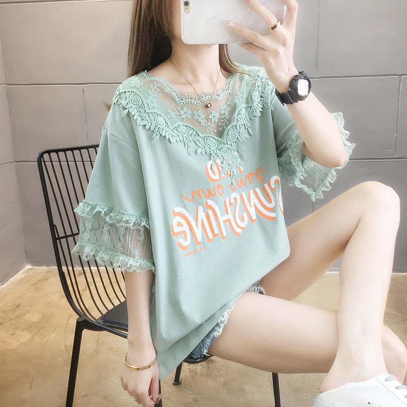 Áo thun ren tay ngắn cỡ lớn dành cho nữ, mặc mùa hè, dáng rộng, trẻ trung và phong cách, có thiết kế phối vải.