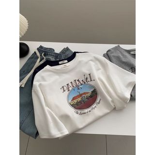 Áo thun nữ cổ tròn tay ngắn hình hoạt hình, 100% cotton