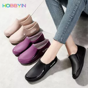 Giày đi mưa HOBBYIN dành cho nữ, Giày đi mưa nữ đế phẳng chống thấm nước, Giày nữ chống trượt cổ thấp Nhà bếp rửa xe làm việc