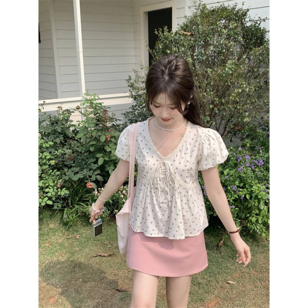 áo babydoll Cổ búp bê tay phồng cổ chữ V ren cổ điển