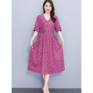Váy cotton-linen cài nút phong cách retro dành cho nữ, kiểu dáng mùa hè mới, ôm eo, tôn dáng, váy chữ A in họa tiết