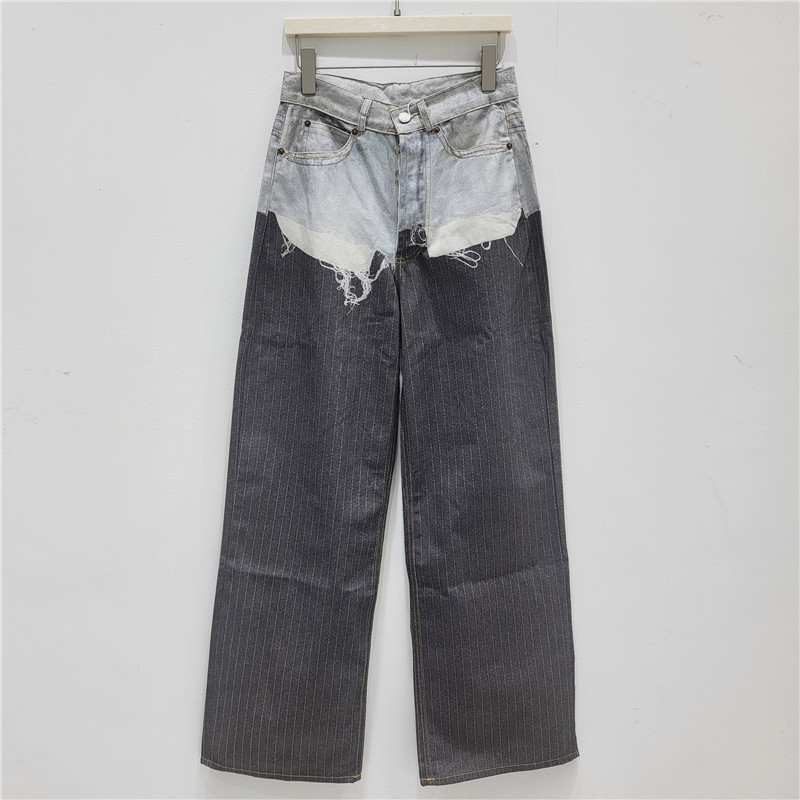 Màu xám - Blocking túi in sọc giả jeans nữ ống rộng thoải mái cho ngày thường