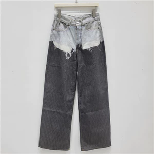 Màu xám - Blocking túi in sọc giả jeans nữ ống rộng thoải mái cho ngày thường