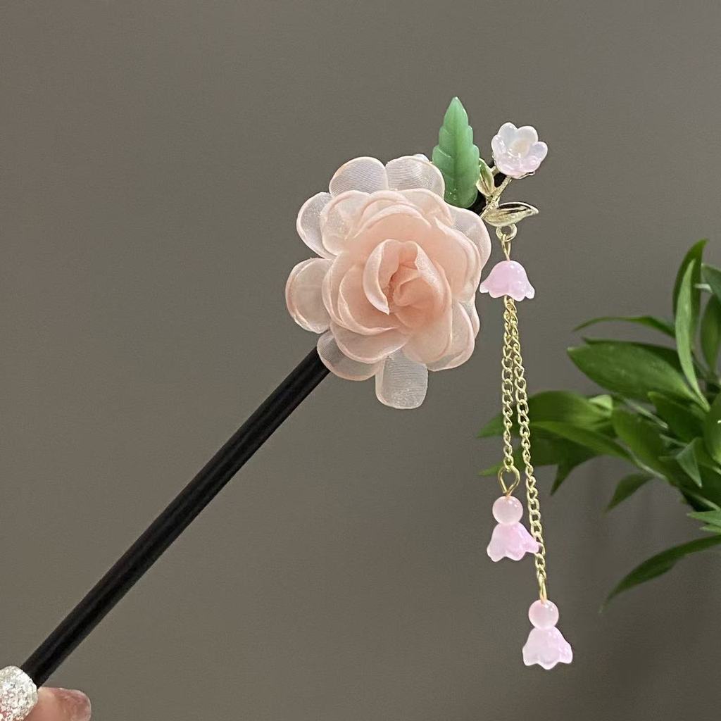 Kẹp Tóc Bằng Gỗ Cổ Lụa Hoa Camellia - Phong Cách Hanfu - Phụ Kiện Tóc Nữ