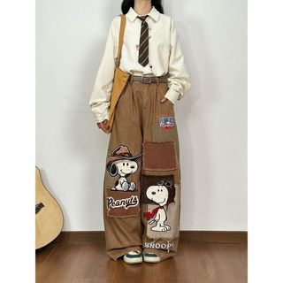Quần Jean Nữ Ống Rông Thêu Hình Hoạt Hình Snoopy Retro, Giặt Machine Friendly