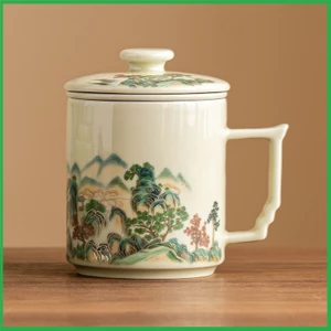 CỐC SỨ PHA TRÀ KÈM LÕI LỌC HỌA TIẾT SƠN THỦY MEN VÀNG DUNG TÍCH 354 ML