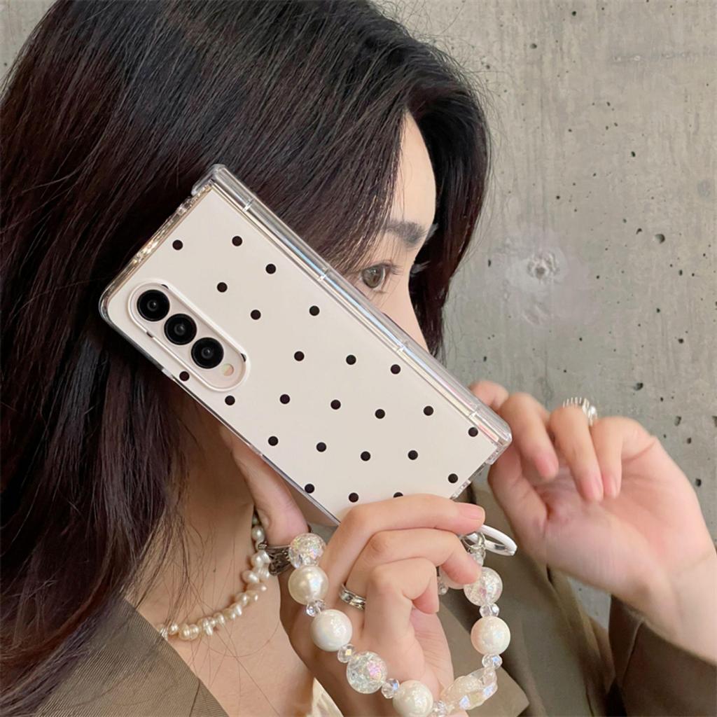 Ốp điện thoại màu trắng có chấm bi màu đen Thích hợp cho Samsung Galaxy ZFold7 zfold6 Vỏ cứng gấp dây buộc cho Z Fold 7 6 5 4 3 5G Vỏ bảo vệ