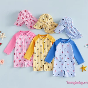 Đồ bơi Baby Rash Guard Bee / Dưa hấu / Thuyền buồm In sọc Zip Up Đồ bơi dài tay có mũ Bộ 2 chiếc