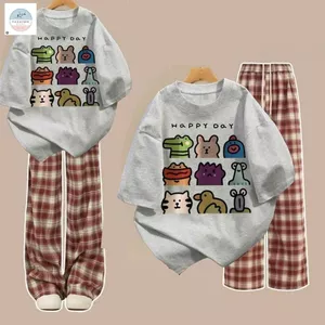 Bộ quần ống rộng caro đỏ+ áo phông form rộng chữ happy day xắn đáng yêu-quanao94
