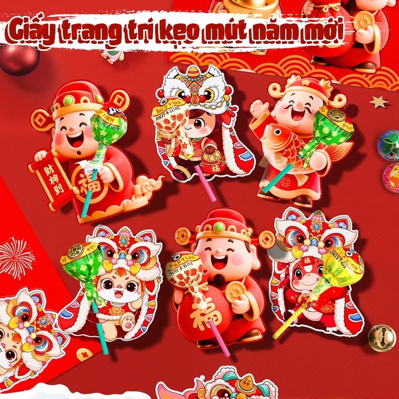 Thẻ gắn kẹo năm mới trang trí tết - Set 60 thẻ mini đẹp mắt cho năm 2026, hình in Thần Tài dễ thương, lý tưởng trang trí