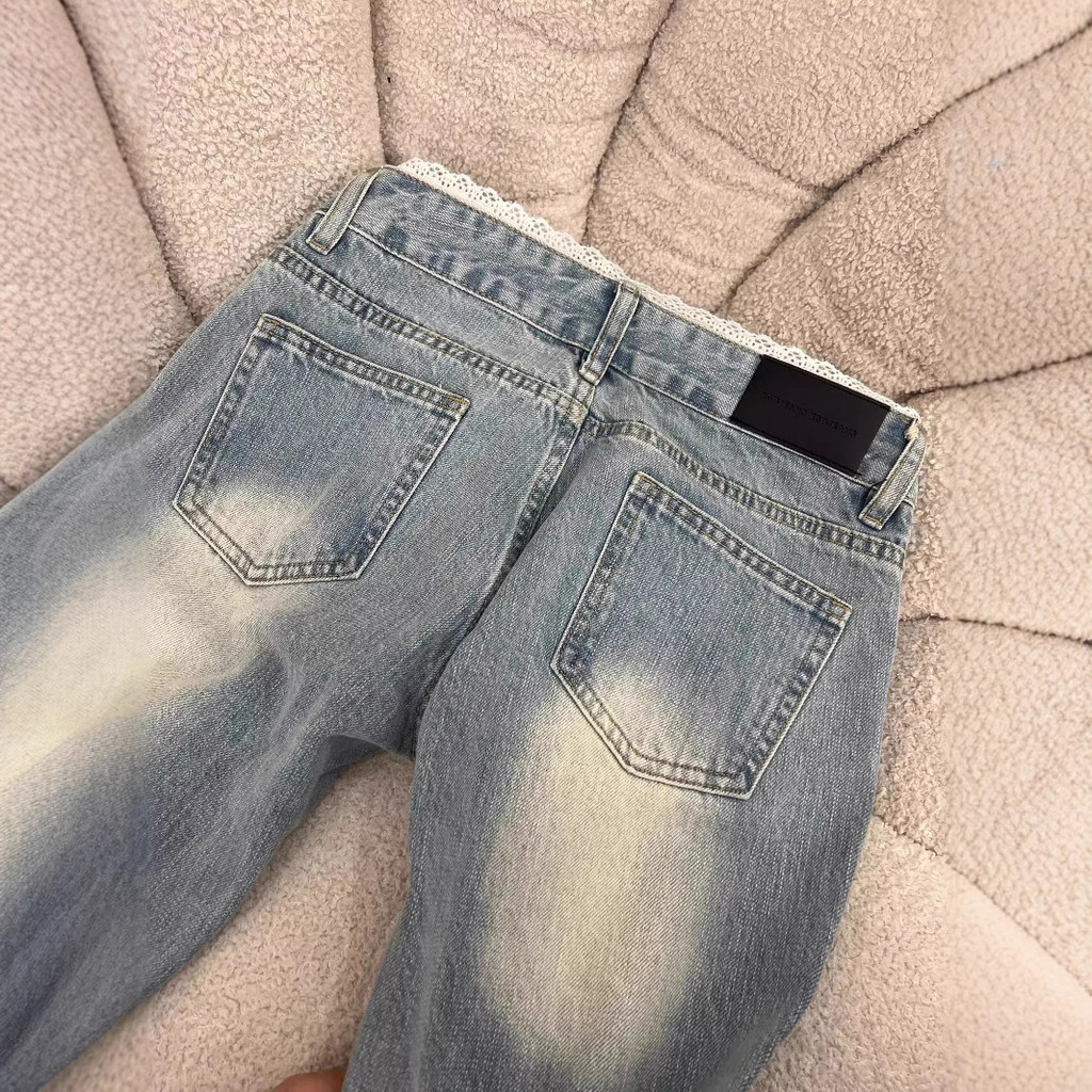 Retro quần jean nữ màu ánh sáng, hơi loe, eo rời không đáy