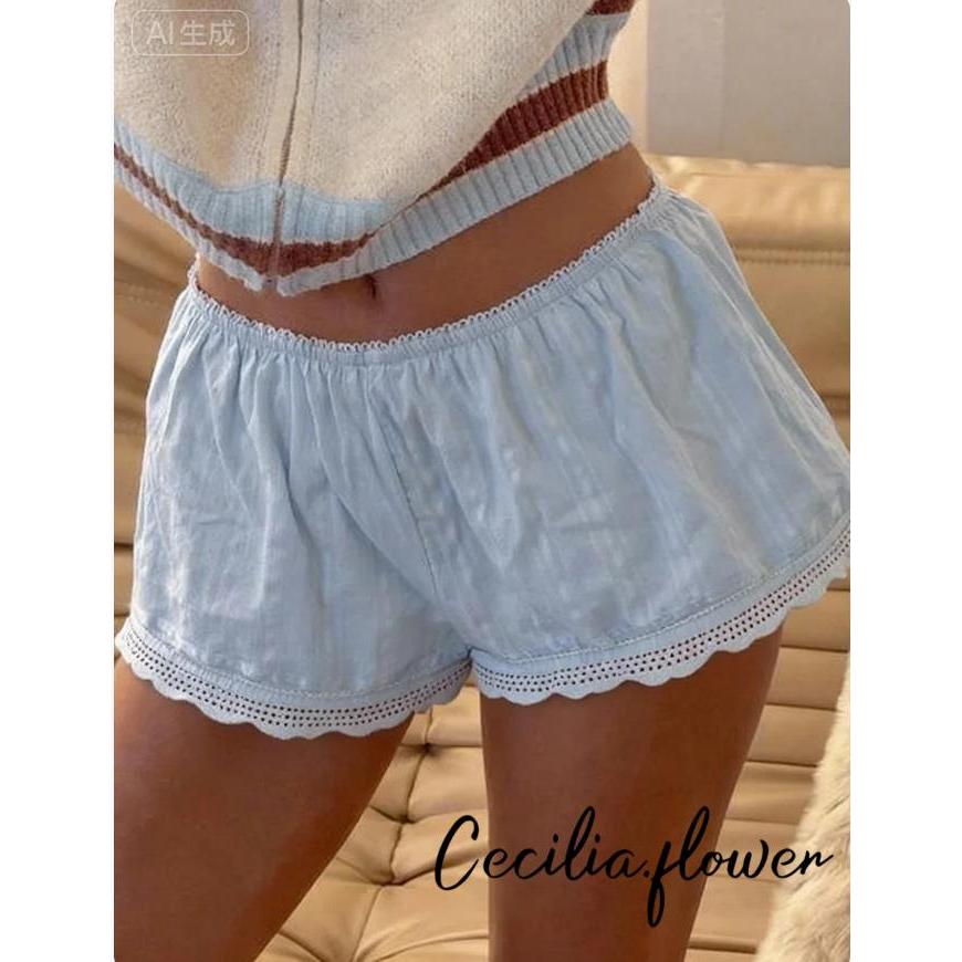 Nữ Quần Short Co Giãn Thắt Lưng Ren Viền Phong Cách Lounge, Dành Cho Ngày Thường Và Mùa Hè