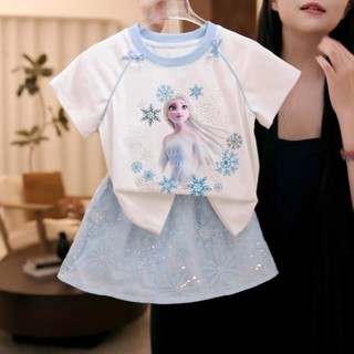 (1-10Yrs) Bộ Đồ Chơi Công Chúa Cho Bé Gái Mùa Hè Ma Thuật Elsa Frozen Trang Phục Tay Ngắn & Váy 2 Mảnh
