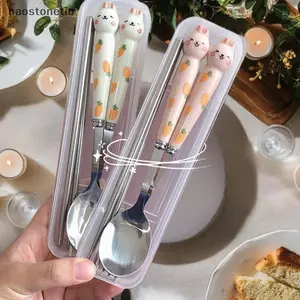 NS 3 Bộ Dao Kéo Dễ Thương Hoạt Hình Thỏ Thép Không Gỉ Gương Đánh Bóng Flatware Bộ Thìa Và Nĩa Choptis Bộ Hộp Bảo Quản NS