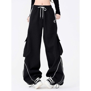 Quần Cargo Dù Ống Rộng Unisex Có Dây Rút Cạp Chun Sọc Viền Cá Tính, Logo Thêu Phong Cách Thời Trang