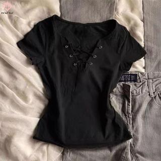 Áo thun ren chữ V Y2K thời trang nữ