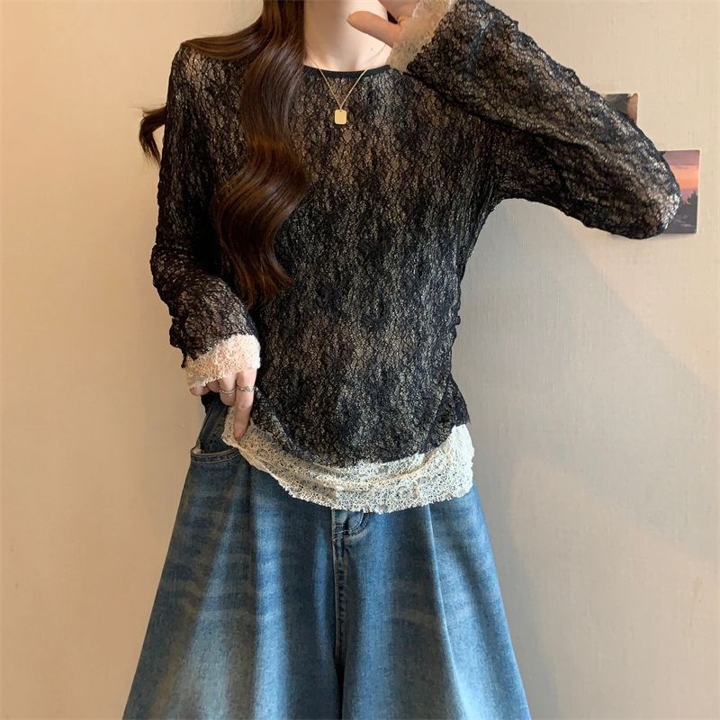 Milyfashion Rời Kích Thước Lớn Thường Ngày Độ Đàn Hồi Cao Xếp Ly Ren Đôi Áo Sơ Mi Nhỏ Thiết Kế Không Đều Đáy Áo Sơ Mi Phong Cách Mới Phối Màu Sắc Hơi Trong Suốt