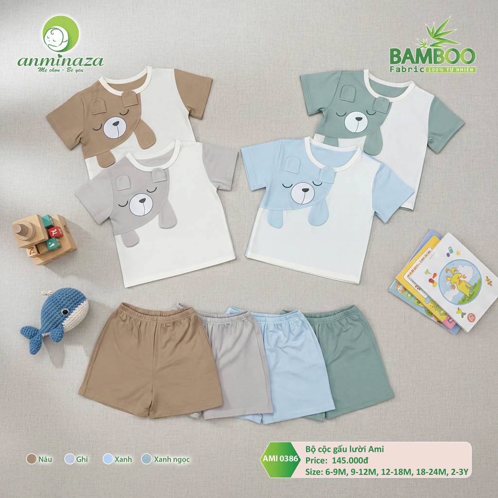 Bộ cộc tay gấu lười Ami Anminaza Vải Sợi Tre Petit Thấm Hút Thoáng Mát - Hàng Chính Hãng  AMI0386
